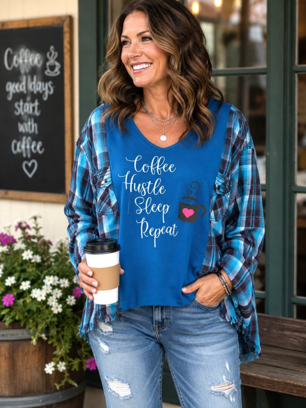 Upcycled Plaid Shirt Teal Coffee Graphic Long-Sleeved Tee w/ Fringe Size M L XL